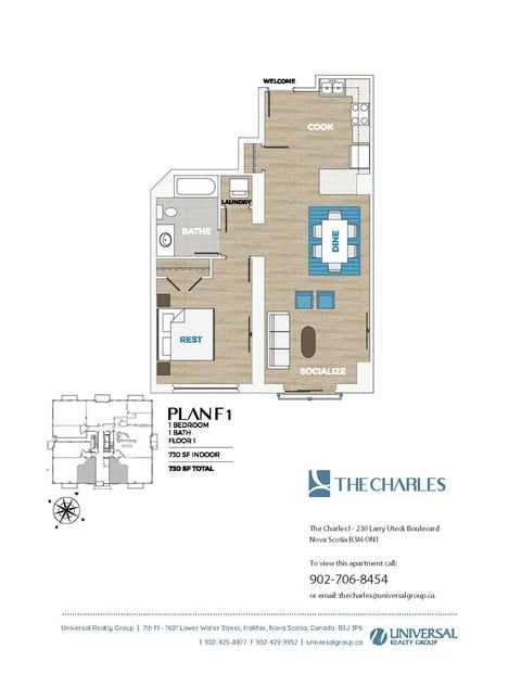 Floor plan for 1 bed, 1 bath, 1135 sqft